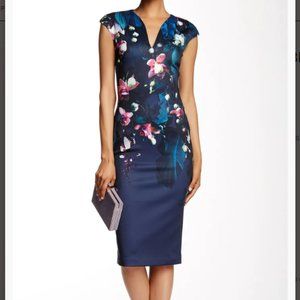 Stunning Navy Fitted Ted Baker Cap Sleeve Zipper Dress Size UK 3